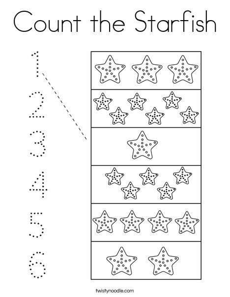 Count the Starfish Coloring Page - Twisty Noodle Starfish Worksheet, Starfish Activity, Starfish Activity Preschool, Starfish Activities, Sea Life Worksheets Preschool, Under The Sea Math Activities Preschool, Ocean Preschool Worksheets, Under The Sea Worksheets For Preschool, Starfish Craft Preschool