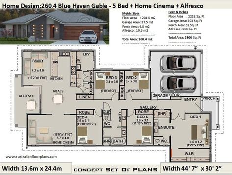 5 Bedroom house plans Australia | 260.4 m2 or 2800 Sq. Feet | 5 Bedroom design | 5 bed floor plans | 5 bed blueprints | 5 Bed Home Design House Plan 208.4 Blue Haven Design Gable ---------------------------------------------- BUY THIS PLAN - FULL CONCEPT HOUSE PLANS. Play it 5 Bed House Plans, Bed Blueprints, House Plans Australia, 5 Bed House, House Plans For Sale, 5 Bedroom House Plans, House Plans With Photos, Modern Floor Plans, House Plans One Story