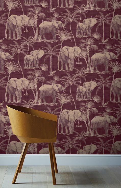 Arthouse Elephant Grove Wallpaper - Aubergine Wallpaper Master Room, Plum Wallpaper, Elephant Wallpaper, Funky Wallpaper, Master Room, Jungle Wallpaper, Exotic Bird, Interior Design Concepts, Bird Motif