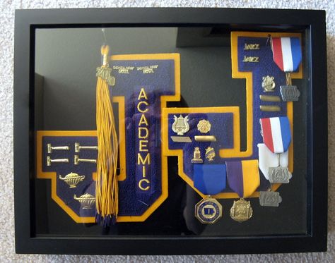 shadow box ideas | Of Cats and Cardstock: Graduation Shadow Box Shadow Box For Medals, Letterman Patches Display, High School Letter Shadow Box Ideas, Varsity Letter Display, Letterman Shadow Box Ideas, Letterman Patches Ideas, Varsity Letter Display Ideas, What To Do With Varsity Letters Ideas, Varsity Letter Ideas