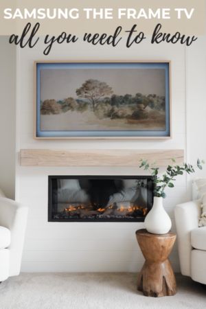 Frame Tv 65 Inch, Samsung Frame Tv Feature Wall, Tv That Looks Like A Painting, The Frame Samsung Ideas, Corner Tv Living Room Layout, Tv Living Room Ideas, Samsung Picture, Picture Frame Tv, Tv Above Fireplace