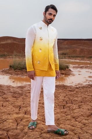 Runit Gupta | Designer Kurta, Nehru Jackets and Sets, Shirts for Men Lotus Motifs, Lotus Motif, Haldi Outfit, Shirt Outfit Men, Kurta Set For Men, Yellow Ombre, Wedding Outfit Men, Nehru Jackets, Dye Shirt