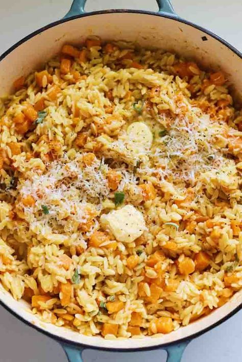 One Pot Brown Butter Orzo with Butternut Squash & Sage - Grilled Cheese Social Brown Butter Orzo With Butternut Squash, Butter Orzo, Butternut Squash Dinner, Creamy Orzo Pasta, Butternut Squash And Sage, Butternut Squash Sage, Orzo Pasta Recipes, Orzo Recipe, Perfect Grilled Cheese