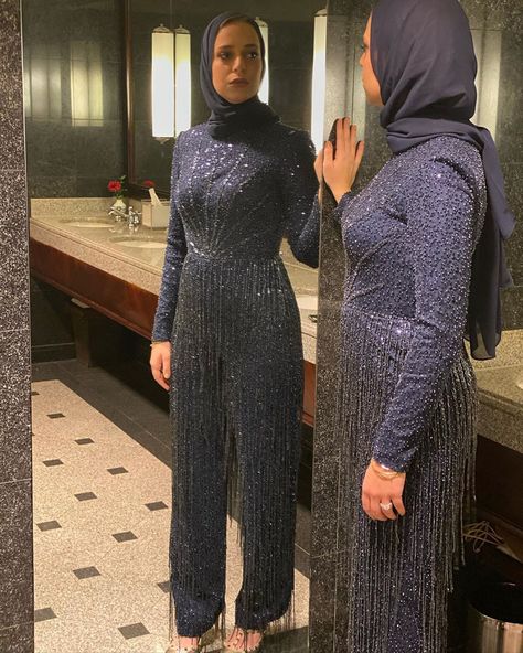 Soha Moussa couture on Instagram: “Our CEO Soha Moussa dazzling in fully hand beaded jumpsuit ✨✨ #sohamoussacouture” Hijab Jumpsuit Party, Jumpsuit Party Outfit, Jumpsuits For Women Indian, Hijab Jumpsuit, Jumpsuit Prom Dress, Muslim Prom Dress, Prom Dresses Long Modest, Hijabi Dresses, Hijab Gown