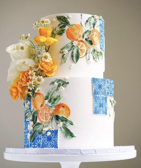 Spain Cake, Amalfi Coast Theme Cake, Amalfi Coast Theme Party Cake, Amalfi Coast Cake, Mediterranean Cake Design, Positano Theme Flowers, Almalfi Coast Bridal Shower, Italian Tiles Pattern, Italian Theme