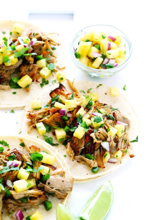 These tasty Instant Pot Carnitas are tossed with a pineapple salsa, and marinade with a delicious citrus mojo sauce! | gimmesomeoven.com Fresh Pineapple Salsa Recipe, Instant Pot Carnitas Recipe, Instant Pot Carnitas, Boneless Pork Roast, Pineapple Salsa Recipe, Pork Carnitas Recipe, Pulled Pork Tacos, Carnitas Recipe, Gimme Some Oven