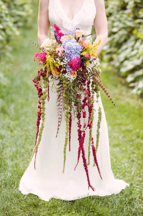 Bohemian cascading bouquet. Love Lies Bleeding. Pheasant feathers. Ivy and Aster Anemone Cascading Wildflower Bridal Bouquet, Western Bouquet, Fairy Bouquet, Fern Bouquet, Bouquet Styles, Cascading Bouquet, Cascading Wedding Bouquets, Cascading Flowers, Bohemian Rustic