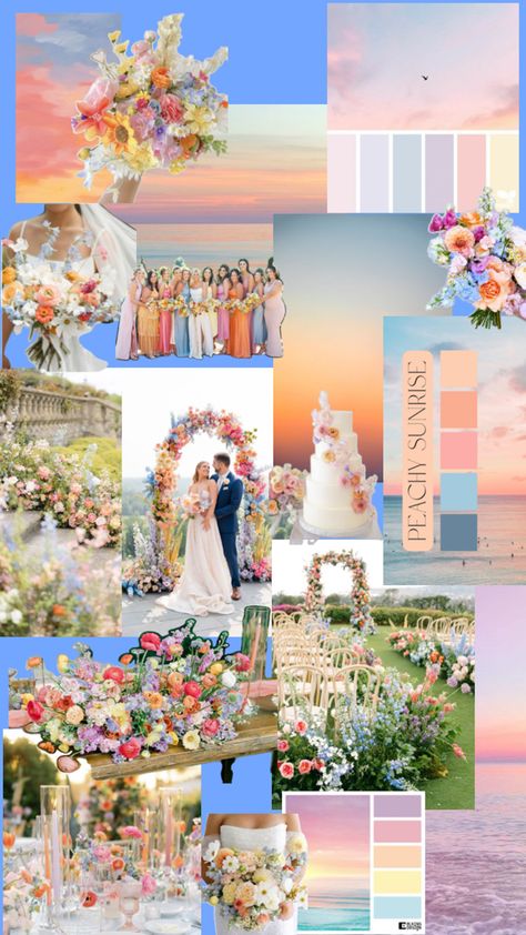 Outdoor Wedding Colorful, Wedding With Pastel Colors, Pastels Color Palette Wedding, Romantic Colorful Wedding, Pastel Sunset Color Palette Wedding, Bright Sunset Wedding Colors, Wedding Theme Pastel Colors, Wedding Colour Schemes Bright, Wedding Aesthetic Summer