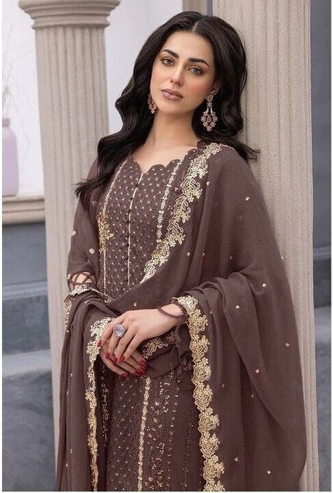 Get ready for the next party with these stunning Indian Bollywood women designer party dress salwar kameez plazzo Pakistani suits! Available in chic chiku color and stitch up to size S, M, L, XL (Max 44 inches). Made from high-quality georgette material by Skyview Fashion. Perfect for women who love Pakistani style fashion. Order yours now! #IndianFashion #DesignerSuits #PartyDress #WomenFashion #SkyviewFashion #eBay #eBayStore #eBaySeller #Pakistani #Women #Georgette #SkyviewFashion #India ... Bollywood Women, Elegant Entrance, Anarkali Suits Bollywood, Jump Suits, Shiny Texture, Party Wear Gowns, Sequence Embroidery, Pakistani Suit, Bollywood Lehenga