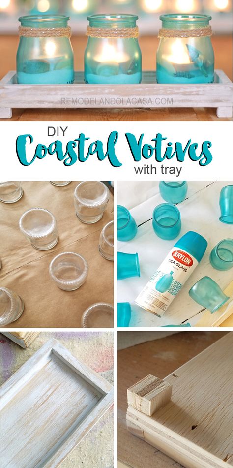 SO Pretty! DIY - Coastal Votives with tray Strand Decor, Dekor Diy, Coastal Bedrooms, Beach Diy, Beach House Interior, Beach Cottage Style, Nautical Home, Beach Crafts, Jar Crafts