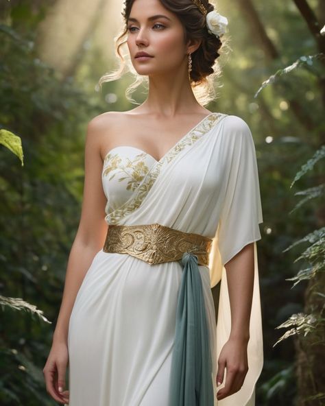 Create a portrait of a goddess-like female figure in a tranquil, forested environment. She has an elegant appearance with long, wavy hair styled in an updo and adorned with a delicate, floral headband. She wears a flowing, ancient Greek-inspired gown in a soft, pale color, featuring a one-shoulder design and draped fabric that accentuates her graceful form. The outfit includes a decorative belt with ornate gold detailing, and she holds a bow in her hand, with a quiver of arrows slung over her... White Ancient Greek Dress, Ancient Roman Female Clothing, Greek Clothes Women, Greek Princess Aesthetic, White Greek Goddess Dress, Greek Dress Goddesses, Roman Goddess Costume, Ancient Greek Dress, Ancient Greece Fashion