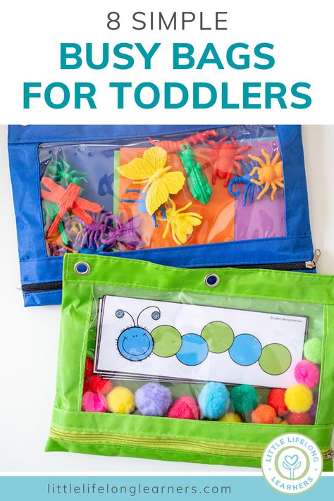 8 Simple Busy Bags for Toddlers - Little Lifelong Learners Quiet Time Bags, One Year Old Independent Play, Diy Busy Bags For Preschoolers, How To Keep Preschoolers Busy, Busy Bag Printables Free, Diy Busy Bags For Toddlers, Restaurant Bags For Toddlers, Quiet Time Toddler Activities, Dollar Store Busy Boxes