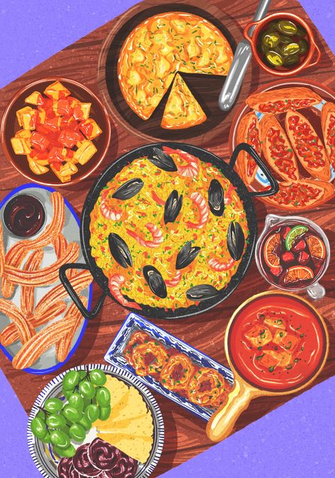 Spanish Dinner Table, Table Full Of Food, Traditional Spanish Dishes, Spanish Dinner, America Food, Spain Food, Food Illustration Art, Spanish Tapas, Food Painting