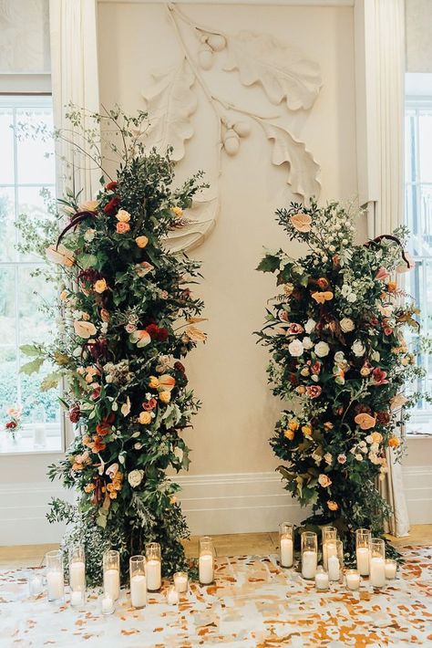 Intimate October Wedding At Coworth Park - Rock My Wedding Greenery Wedding Alter, Autumn Floral Arrangements Wedding, Romantic Wedding Alter, Flower Alter Wedding, Fall Wedding Altar Decorations, Wedding Flower Tower, Altar Decor Wedding, Flower Towers Wedding, Ceremony Wedding Flowers