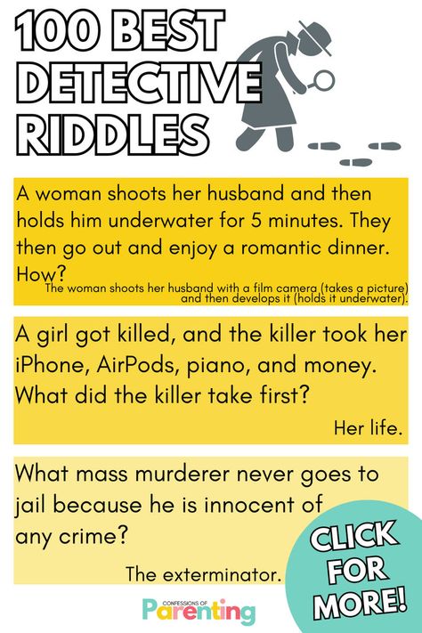 Get ready for a challenge with our collection of 100 Detective Riddles! From crime scenes to clues, these riddles will test your detective skills. And the best part? You can get your hands on our free riddle cards right now! Click to learn more and start solving the mystery today. Kids Jokes And Riddles, Detective Riddles, Mystery Riddles, Detective Skills, Riddles To Solve, Mystery Detectives, Jokes And Riddles, School Related, The Maids