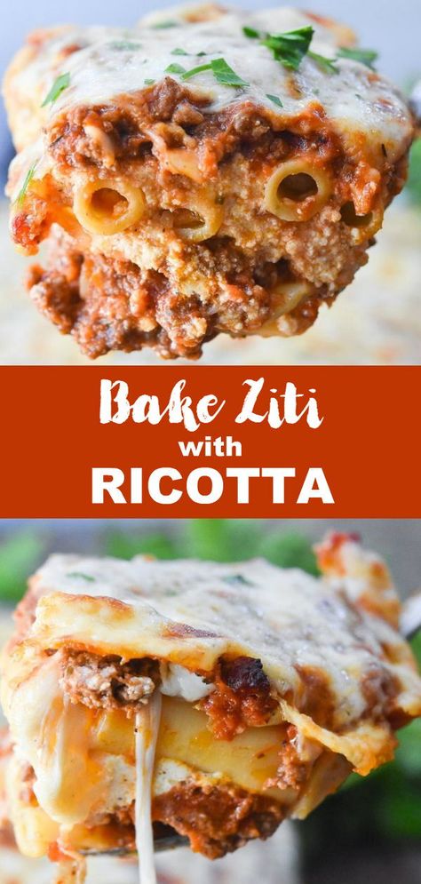 Baked Ziti With Ricotta, Baked Ricotta, Ziti Pasta, Ziti Recipes, Baked Ziti Recipe, Ricotta Recipes, Ricotta Pasta, Baked Ziti, Meat Sauce