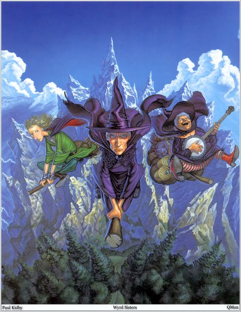 Wyrd Sisters by Paul Kidby. Magrat, Esme & Gytha Reminds me of me, T, and J Paul Kidby, Wyrd Sisters, Terry Pratchett Discworld, Creature Fantasy, John Terry, Fantasy Literature, Witch Pictures, Terry Pratchett, Witch Art