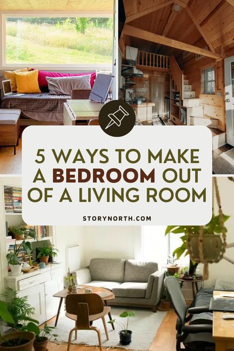 Need a dedicated sleeping space but don't have an extra room? Get creative with these 5 simple ideas to turn your living room into a cozy bedroom oasis. #CreativeIdeas #BedroomInspiration #SpaceSavingHacks #HomeImprovement #LivingInspo Living Room Made Into Bedroom, Family Room Bedroom Combo, Living Room As A Bedroom Ideas, How To Make A Living Room Into A Bedroom, Sleeping In Living Room, Tiny Bedroom Living Room Combo, Bedroom In Living Room Ideas Small Spaces, Makeshift Bedroom In Living Room, How To Turn One Room Into Two Rooms