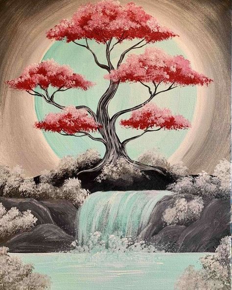 Bonsai Tree Painting Acrylic, Cherry Blossom Painting Acrylic, Cherry Blossom Drawing, Cherry Blossom Painting, Cherry Blossom Art, Canvas Painting Designs, Blossoms Art, Tree Drawing, Diy Canvas Art Painting