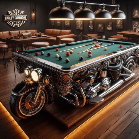 Harley Davidson pool table Strange Furniture, Harley Bikes, Interior Designing, Classic Cars Trucks, Pool Table, Cool Furniture, Harley Davidson, Classic Cars, Trucks