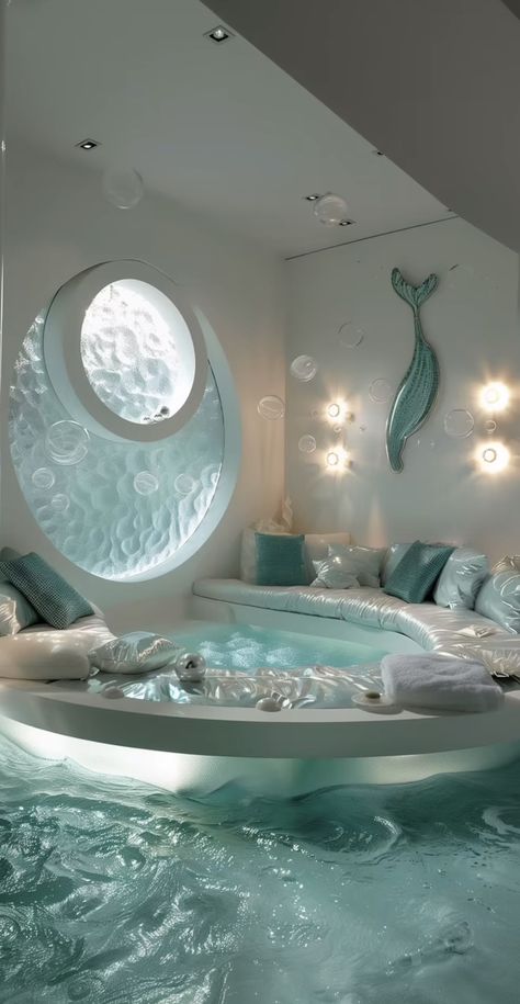 Under Water Room Theme, Mermaid Core House, Mermaid Living Room, Siren Room, Apartment Ideas Bloxburg, Mermaid House, Mermaid Home, Bloxburg Layout, Water Room