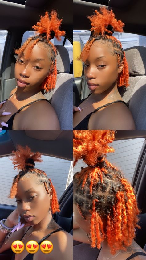 Colored Loca idea🙃 Starter Locs Ponytail Styles, Two Color Locs, Locs Hairstyles Colored, Loc Styles For Starter Locs, Short Dreadlock Styles For Women Black Locs, Starter Locs With Color, Very Short Locs Hairstyles Starter, Girl Dreads Styles, Starter Locs Styles For Short Hair Women