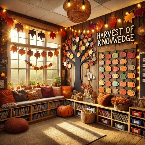 Autumn Boards Preschool, Elementary Aesthetic, Cozy Classroom Ideas, Classroom Diys, Nature Based Classroom, Fall Classroom Door, Classroom Corner, Cozy Classroom, Homeschool Room Design