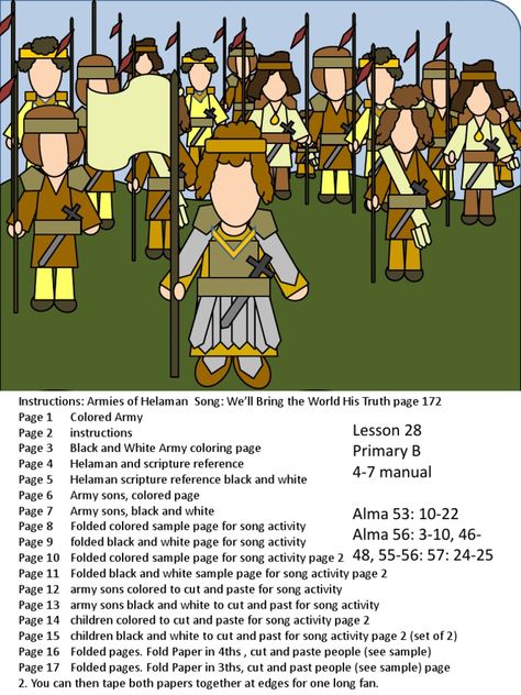 "We'll Bring the World His Truth" activity for lesson 28 Primary manual B 4-7 for The Church of Jesus Christ of Letter-Day-Saints Army Colors, Primary Music, Church Of Jesus Christ, The Book Of Mormon, White Pages, Presentation Slides, The Church, Jesus Christ, Slides