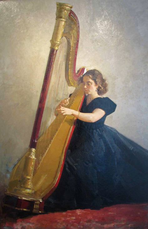 Harpist 1953, Viktor Zaretski Vera Dulova Harp Art, Harps Music, Spiritual Music, Russian Painting, The Soviet Union, Inspirational Artwork, Peaceful Places, Making Music, Traditional Paintings