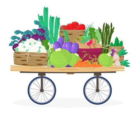 Exotic street market stall with vegetables. Wooden cart with vegetables. Isolated on white. Flat vector illustration. Fruit Cart Ideas, Kids Stories Illustration, Vegetable Cart, Sdg 5, Animation Walk Cycle, Walk Cycle, Vegetable Cartoon, Wooden Cart, Vegetable Shop