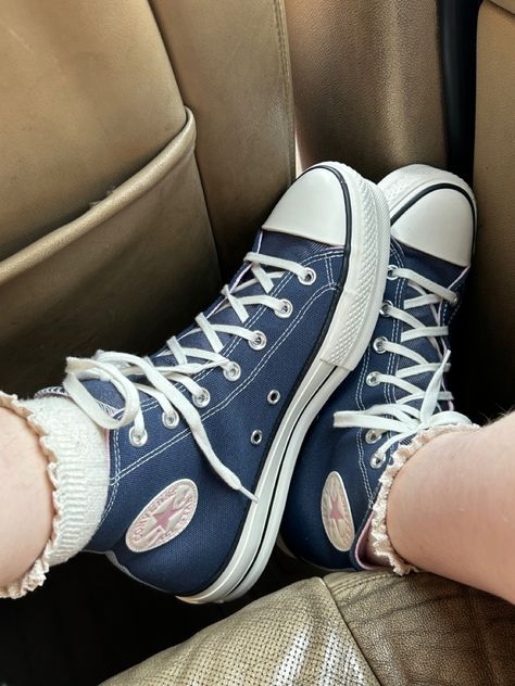 Outfits With Navy Converse, Navy Blue Platform Converse, Converse Blue Outfit, Blue Platform Converse, Y2k Converse, Sporty Y2k, Royal Blue Converse, Ruffle Sock, Sock Inspiration