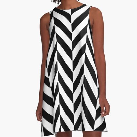 "Vintage Lined Pattern" by cnslcnr | Redbubble White Herringbone Tile, Chevron Print Dresses, Zig Zag Dress, White A Line Dress, Simple Geometric Designs, White Herringbone, Black And White Lines, My Black, Black Lines