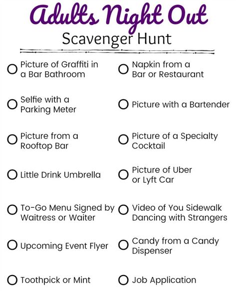 Printable Adults Night Out Scavenger Hunt Clues for Weekend Fun Scavenger Hunt Template, Scavenger Hunt Riddles, Scavenger Hunt List, Adult Scavenger Hunt, Scavenger Hunt Birthday, Christmas Scavenger Hunt, Treasure Hunt Clues, Scavenger Hunt Clues, Scavenger Hunt Games