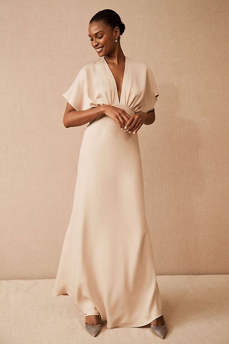 12 Best Mother of the Bride Dresses That Aren't Frumpy | Emmaline Bride Neutral Bridesmaid Dresses, Charmeuse Dress, Draped Bodice, Champagne Dress, Maid Of Honour Dresses, Affordable Bridesmaid Dresses, Plunge Neckline, Satin Maxi, Satin Maxi Dress