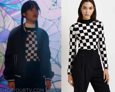 Wednesday: Season 1 Episode 1 Wednesday's Black/White Checkered Sweater Check more at https://www.shopyourtv.com/wednesday-season-1-episode-1-wednesdays-black-white-checkered-sweater/ Wednesday Outfits Jenna Ortega, Wanda Addams, Wednesday Outfit Inspiration, Wednesday Style Outfits, Wednesday Clothing, Checkered Sweater Outfit, Wednesday Addams Outfit Inspiration, Wednesday Addams Sweater, Wednesday Addams Checkered Sweater