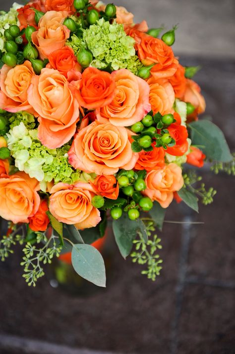 Orange and green bouquet Orange And Green Bouquet, Salt Lake Temple, Green Bouquet, Orange And Green, Our Wedding, Floral Wreath, Collage, Orange, Plants