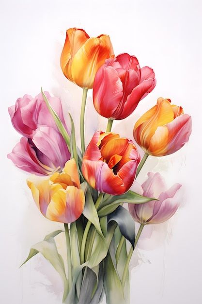 Tulips Painting Easy, Paintings Of Tulips, Tulip Watercolor Painting, Tulips Illustration, Tulip Flower Drawing, Small Garden Waterfalls, Tulip Watercolor, Tulip Art, Tulip Drawing