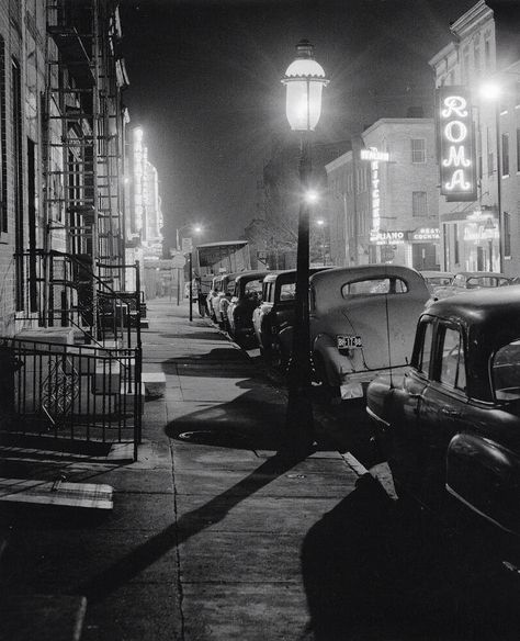 Little Italy, Baltimore, 1957. Photo by Thomas C. Scilipoti Vintage Nyc Photography, 1950s Nyc, Baltimore City, Nyc Street, Black And White Film, City Scene, Baltimore Maryland, Little Italy, Night Scene