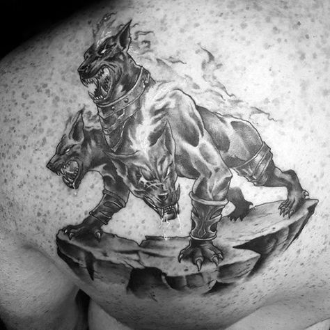 Protective Cerberus On Rock Edge Mens Shoulder Blade Tattoo 3 Headed Dog Tattoo, Three Headed Dog Tattoo, Tattoo Perro, Cerberus Tattoo, Hades Tattoo, Greek Monsters, Wing Tattoo Men, Blade Tattoo, Monster Tattoo