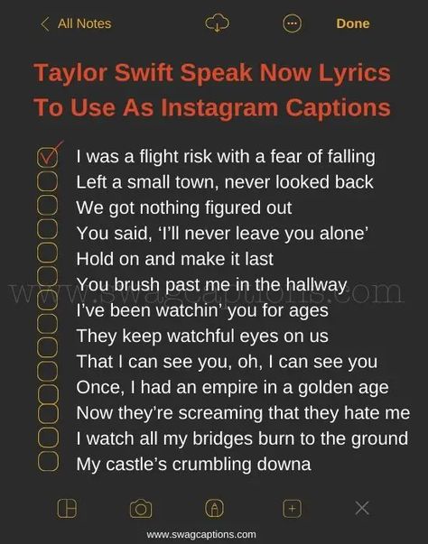 Speak Now Captions Taylor Swift, Speak Now Instagram Captions, Speak Now Captions, Taylor Swift Instagram Captions, Swift Captions, Popular Song Quotes, Speak Now Lyrics, Taylor Swift Captions, Taylor Swift Instagram