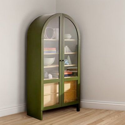 The top of the bookcase is circular, with novel and unique shape | Hokku Designs Solid Wood Bookcase w/ Glass Door Curved Display Cabinet Simple Modern Side Cabinet Children's Storage Cabinet Storage Cabinet green | C100633340_159831060 | Wayfair Canada Uo Home, Wooden Drawers, Style Deco, Hus Inspiration, Dream House Decor, Aesthetic Room Decor, Dream Home Design, Room Makeover, تصميم داخلي