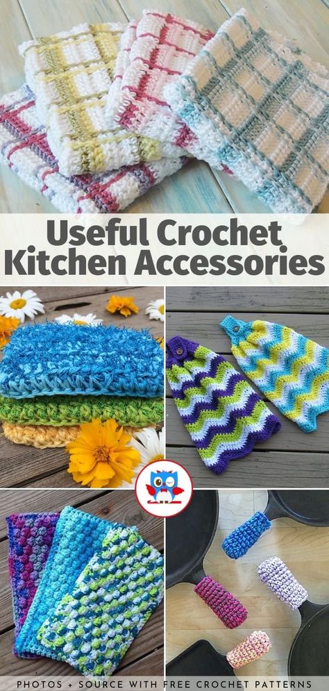 Useful Crochet Kitchen Accessories Free Patterns Hanging Dishcloth Crochet Pattern, Easy Crochet Kitchen Projects, Crochet Kitchen Set Free Pattern, Home Crochet Projects, Crochet Kitchen Items, Useful Crochet, Chair Socks, Kitchen Crochet, Crochet Potholder Patterns