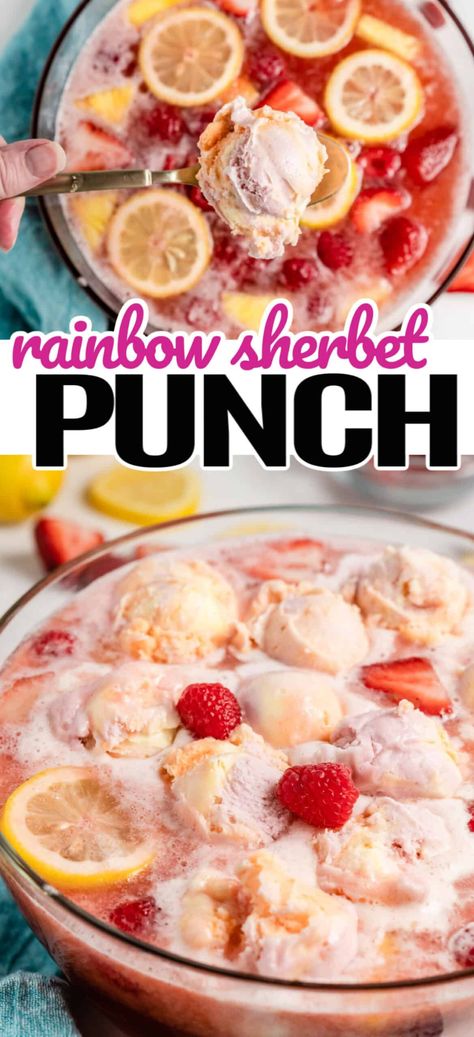 Orange Sherbet Recipe Desserts, Sorbet Punch Recipes, Rainbow Sherbert Punch, Rainbow Sherbet Punch, Sorbet Punch, Raspberry Sherbet Punch, Ice Cream Punch, Lime Sherbet Punch, Best Punch Recipe