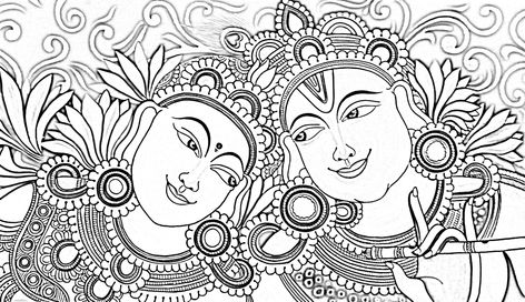 Mural Art Outline, Kerala Mural Painting Outline Sketches, Mural Outline, Krishna Mural Painting, Outline Sketches, Teddy Drawing, God Painting, Mural Paintings, Indian Motifs