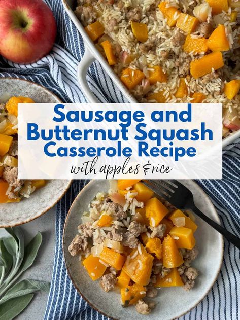 This fall-inspired sausage and squash casserole recipe is a weeknight wonder! Savory sausage & sweet apples mingle with tender butternut squash & fluffy rice. Sage & thyme add depth, making it a comforting & flavorful dish. Easy to prepare, it's perfect for busy schedules. Gluten free and dairy free casserole made with squash and sausage. #sausageandsquashcasserolerecipe #squashandsausagecasserole #glutenfreesquashcasserole Squash And Sausage Recipes, Dairy Free Casserole, Sausage And Squash, Butternut Squash And Sausage, Sausage Butternut Squash, Gluten Free Casserole Recipes, Lunch Casserole, Recipe With Apples, Healthy Dinner Casseroles