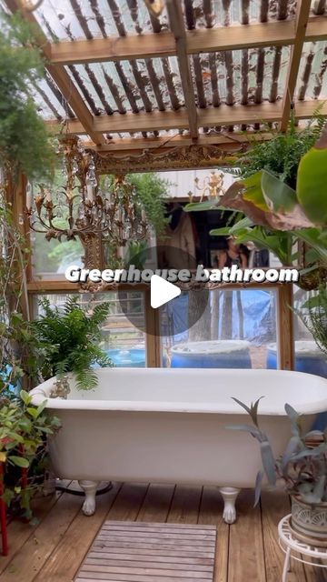 Beloved Cabin Homestead on Instagram: "Welcome to our greenhouse bathroom addition… of our shed home 🌱 🛁 A Staghorn fern would be so nice in here 🥹 . . . . #greenhouseideas #greenhouseinteriors #greenhousegoals #greenhouse #greenhouseinspiration #smallbathroomdesign #bathroominspiration #bathroomidea #bathroomgoals #clawfoottub #homedecorinspo #homeadore #houseplantsofinstagram #houseplantsmakemehappy #plantsarefriends #natureloversgallery #greenarchitecture #howwedwell" Greenhouse With Bathtub, Shower In Greenhouse, Greenhouse Bathroom Ideas, Greenhouse Shower Ideas, Green House Bathroom, Bathtub Greenhouse, Tub In Greenhouse, Bathroom Greenhouse, Greenhouse Bedroom