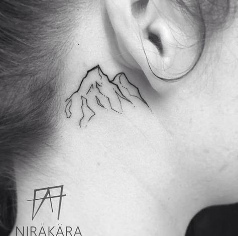 Mountain tattoo Mountain Tattoo Behind Ear, Minimalistic Tattoo Ideas, Mountain Tattoos, Behind Ear Tattoos, Minimalistic Tattoo, Bracelet Tattoo, Worlds Best Tattoos, Delicate Tattoo, Tiny Tattoo