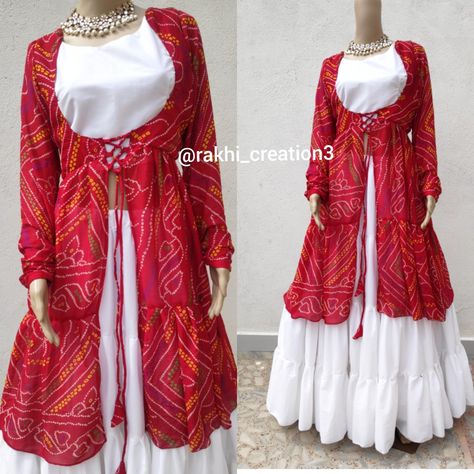 Bhandej Dress Designs, Dress Neck Designs Pattern Shape, Bhandej Kurti Designs, Badhni Design Kurti, Ghatchola Lehengas, Bhandej Lehenga, Bandhini Dress Patterns, White And Red Outfit, Lehenga Designs Latest