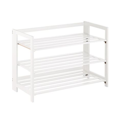 3-Tier White Folding Shoe Rack | The Container Store Shoe Rack White, Dorm Shoe Rack, Show Racks Designs, Shoe Racks Closet, Trashy Bedroom, Cute Shoe Rack, White Wooden Shoe Rack, Usc Dorm, Rack For Shoes