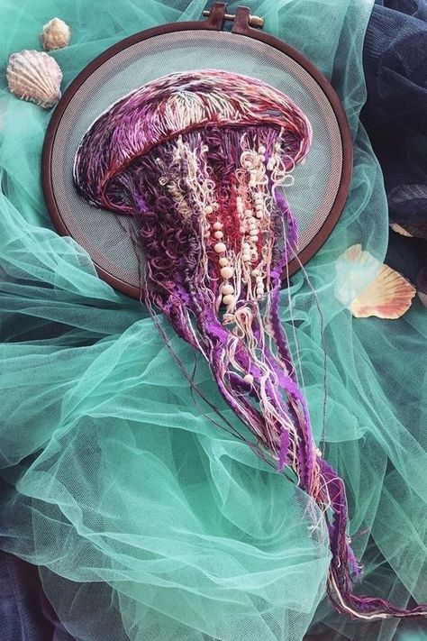 Alpillera Ideas, Embroidered Jellyfish, Jellyfish Embroidery, Embroidery On Tulle, Contemporary Embroidery, Creative Embroidery, 자수 디자인, Sewing Embroidery Designs, Hand Embroidery Art